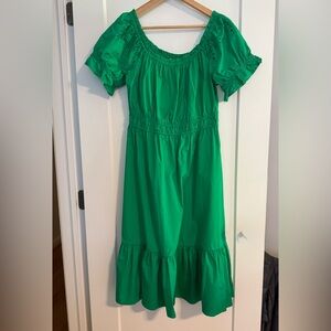 Harlow & Rose Green Smocked Midi Dress w/ Ruffle, Eyelet on Sleeve. EUC. Sz L